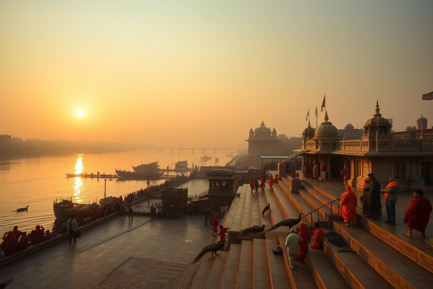 AI generated: “A realistic sunrise scene over Mathura’s Yamuna ghats, soft golden light reflecting on the calm river, ancient temples along the banks, saffron-clad devotees offering prayers, pea