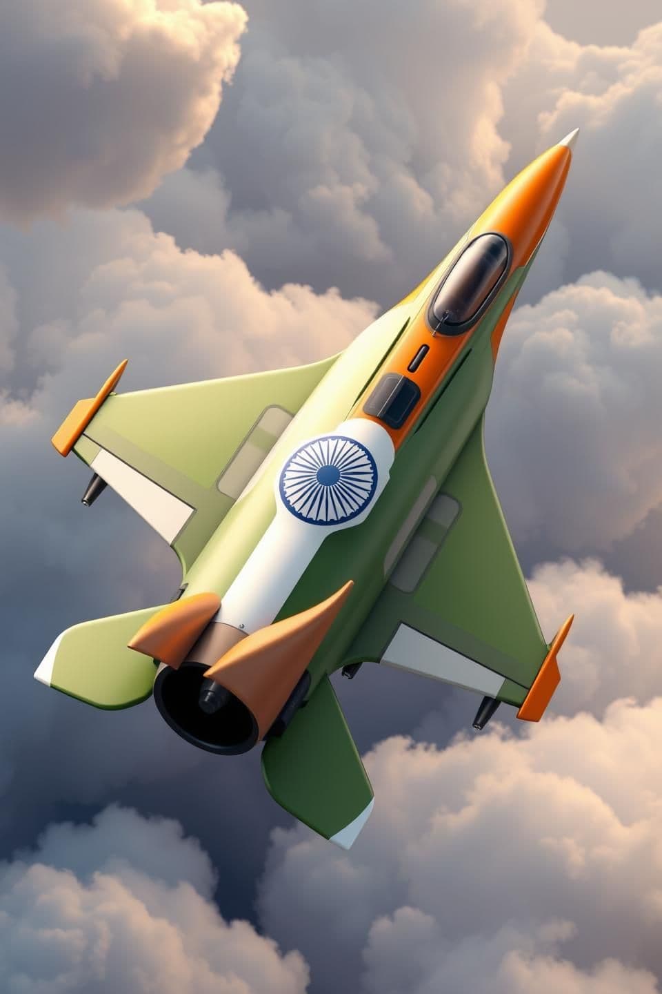 AI generated: 3D cartoon Indian-style animation, Pixar + Indian mythology vibe, high quality, soft cinematic lighting, kid-friendly but powerful look, modern fighter jet painted only in Indian f