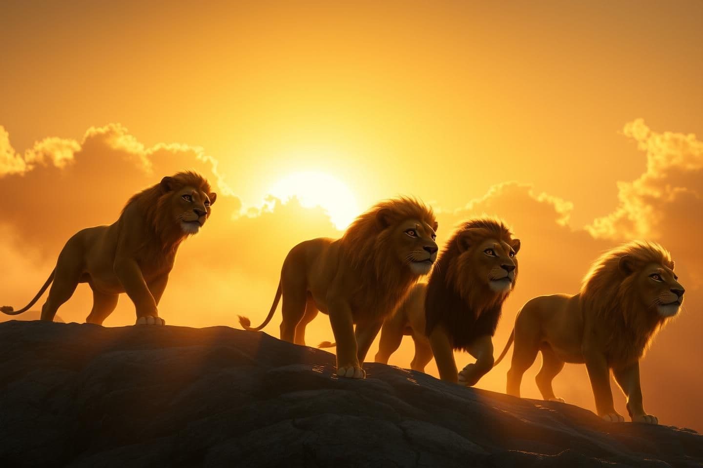 AI generated: Photorealistic cinematic scene in Mufasa: The Lion King (2024) style. Four lion brothers—Scarface (distinct scar on right eye), Hunter, Morani, and Sikio—walk in slow motion up a r