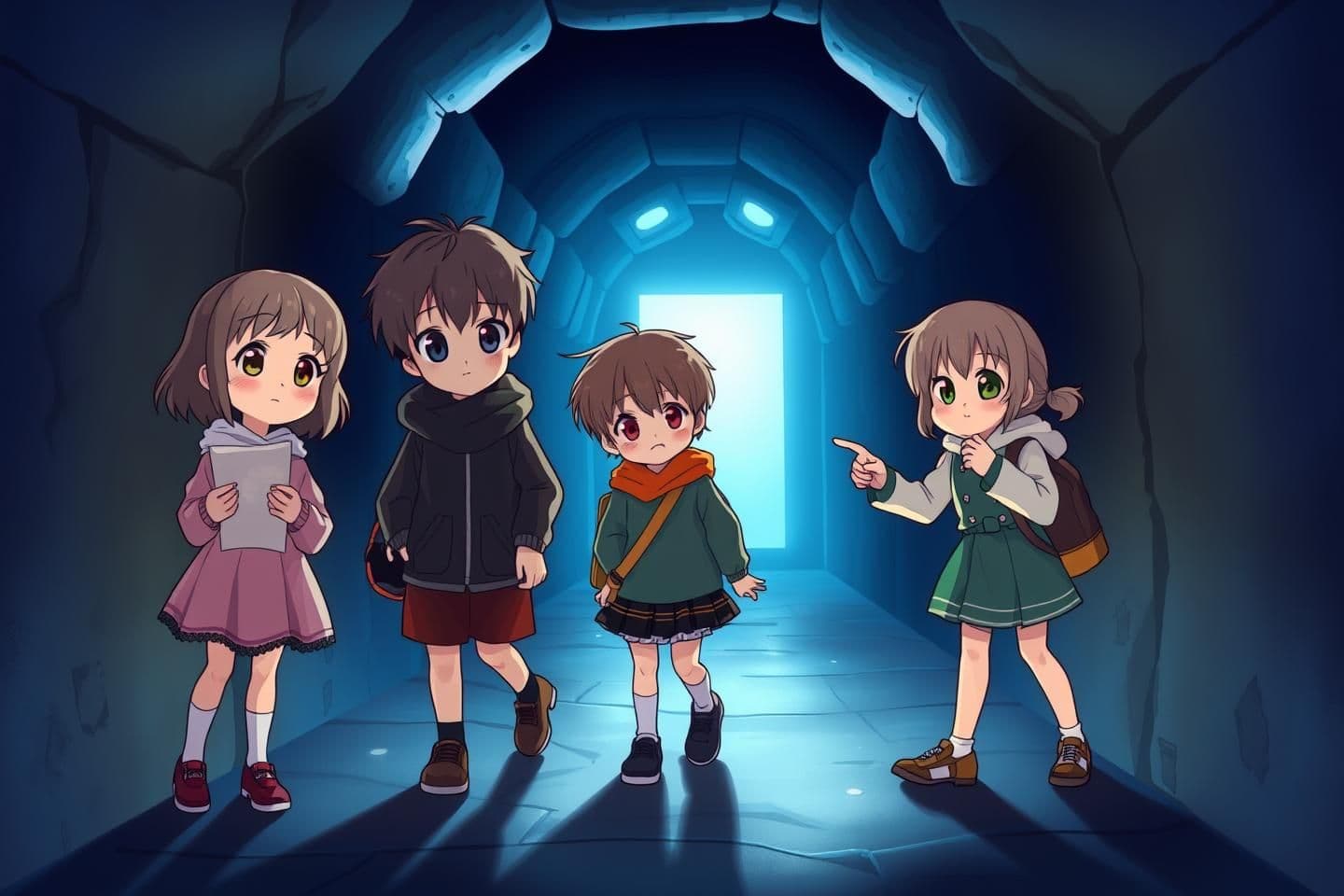 AI generated:
“A semi-realistic anime-style illustration with a dark-blue background.
There are 5 children total – 2 boys and 3 girls – all wearing new outfits different from previous chapters.