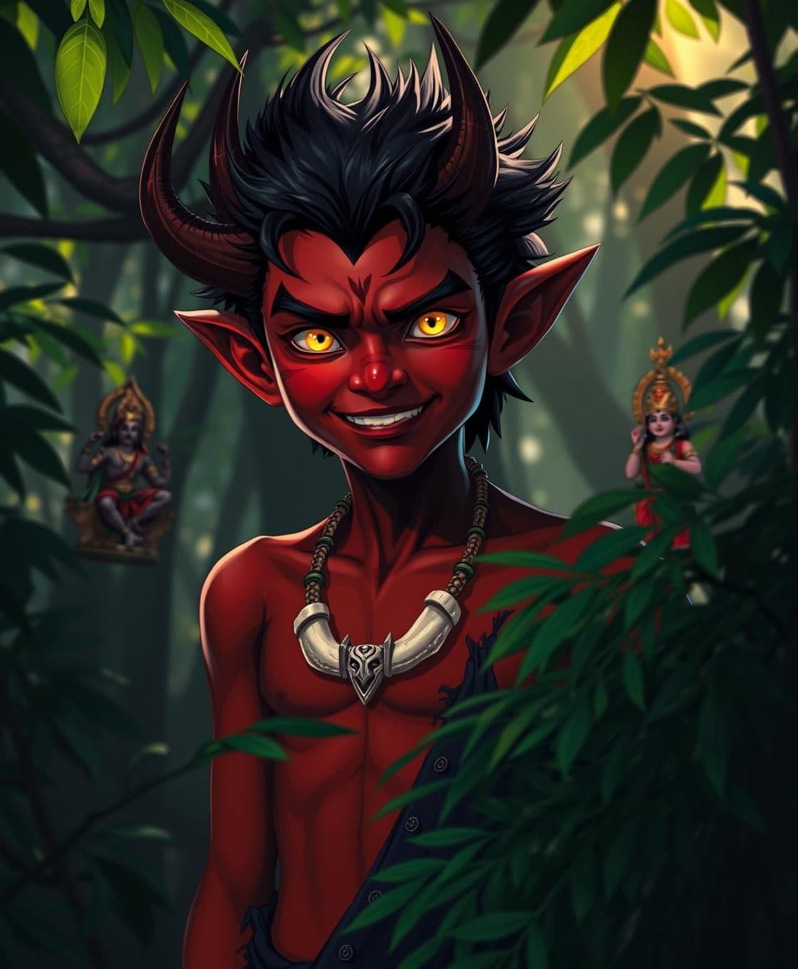 AI generated: A 13-year-old demon boy, height 3.5 feet, lean muscular body, dark reddish-brown skin, black spiky hair, glowing yellow eyes, sharp teeth slightly visible. He wears torn dark cloth
