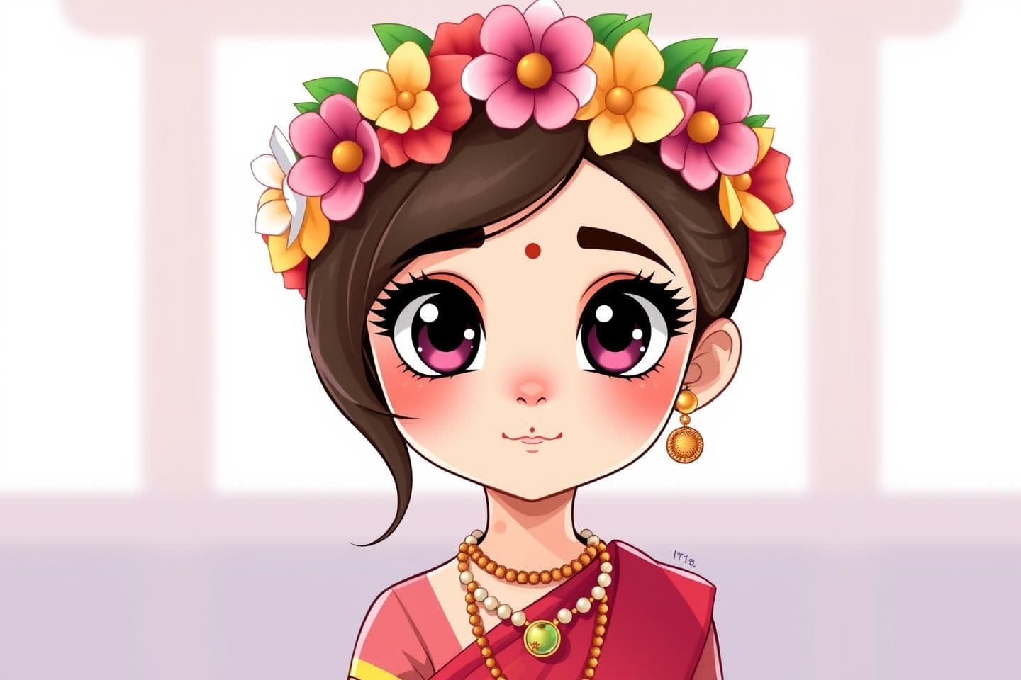 AI generated: A beautiful 10-year-old girl character, no background — pure white or transparent background. She has big, shiny eyes with thick black kajal, soft pink eyeshadow above the eyes, an