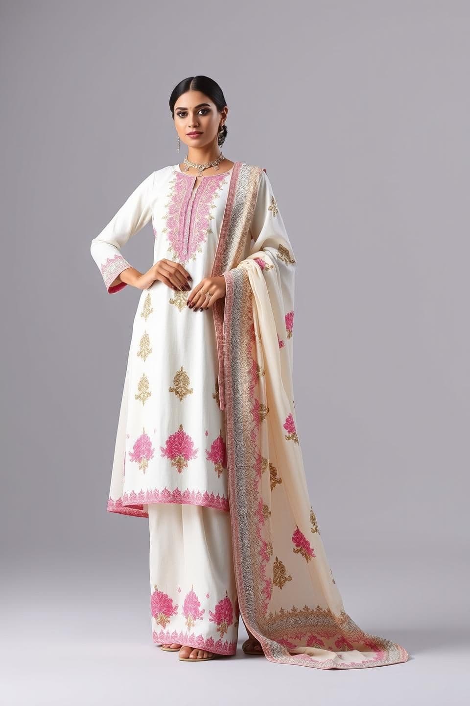 AI generated: Generating the AI model image now with:
* Full-body standing pose (head to toe)
* North Indian look (fair-wheatish skin)
* Hand-on-waist confident stance
* Exact kurti design you