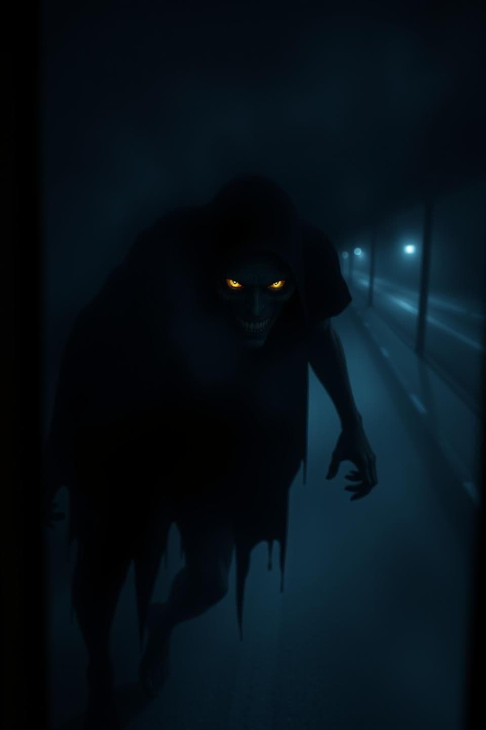 AI generated: Human-like entity with glowing eyes, partially in shadow, sinister expression, dark room background, eerie fog, horror cinematic style, ultra-realistic the view point of the image