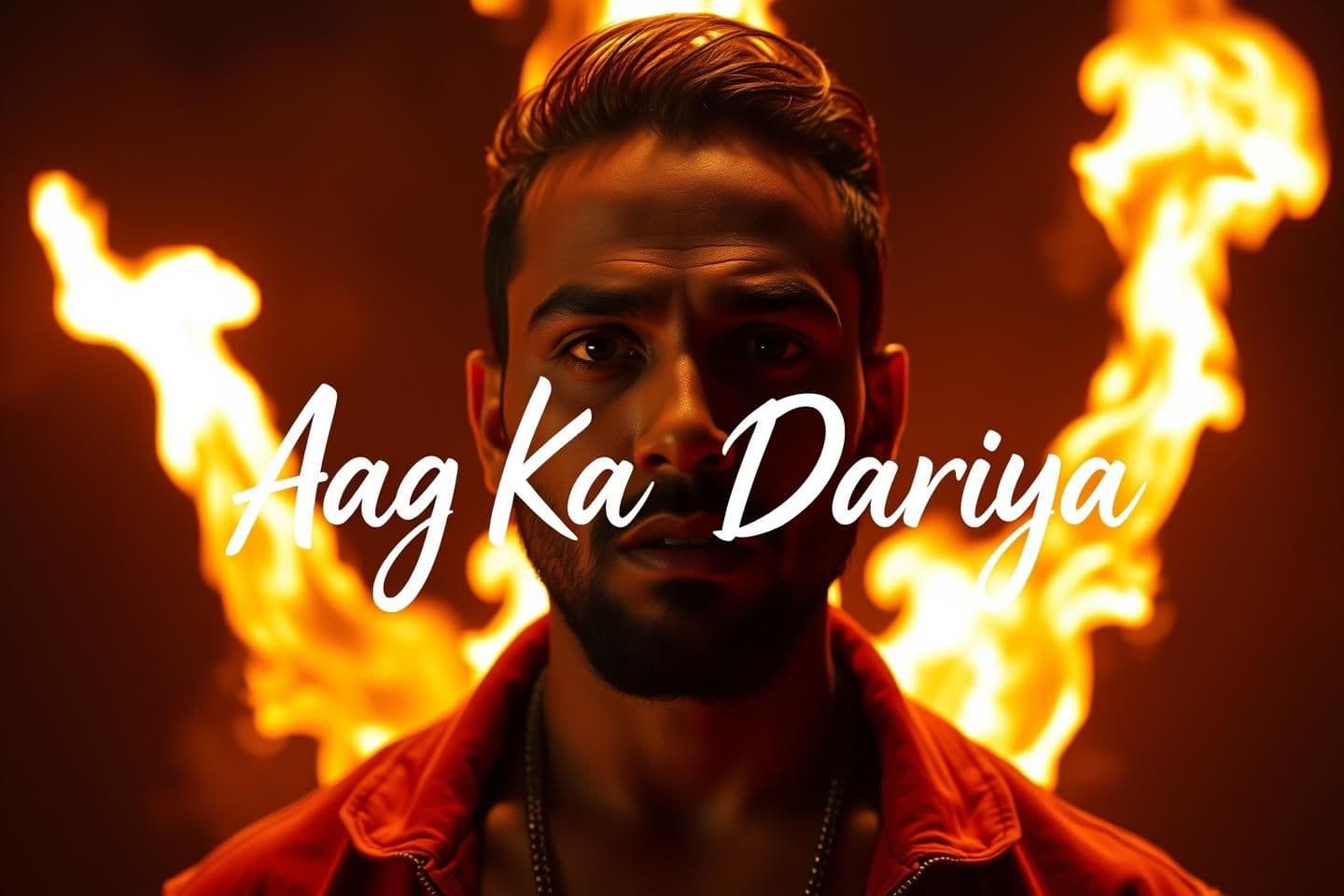 AI generated: A close-up shot of an Indian rapper standing in front of massive rising flames, intense expression, sharp lighting on face, high contrast, cinematic vibe, dark background with brig