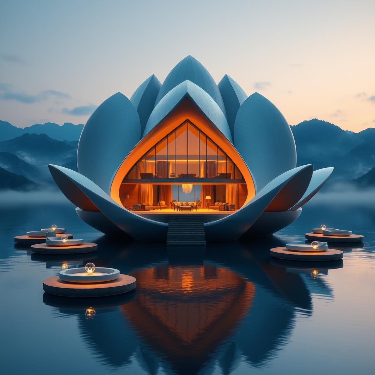 AI generated: “An ultra-realistic 8K render of a luxurious floating villa designed in the shape of a giant blooming lotus flower, situated peacefully on a calm lake surrounded by misty blue moun