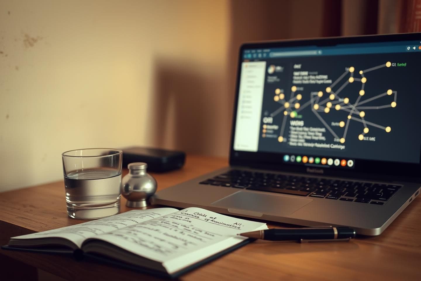 AI generated: Minimalist Indian middle-class home workspace, warm soft lighting. A slightly worn wooden desk with a silver vessel glass of water, an open notebook with quick handwritten notes fr