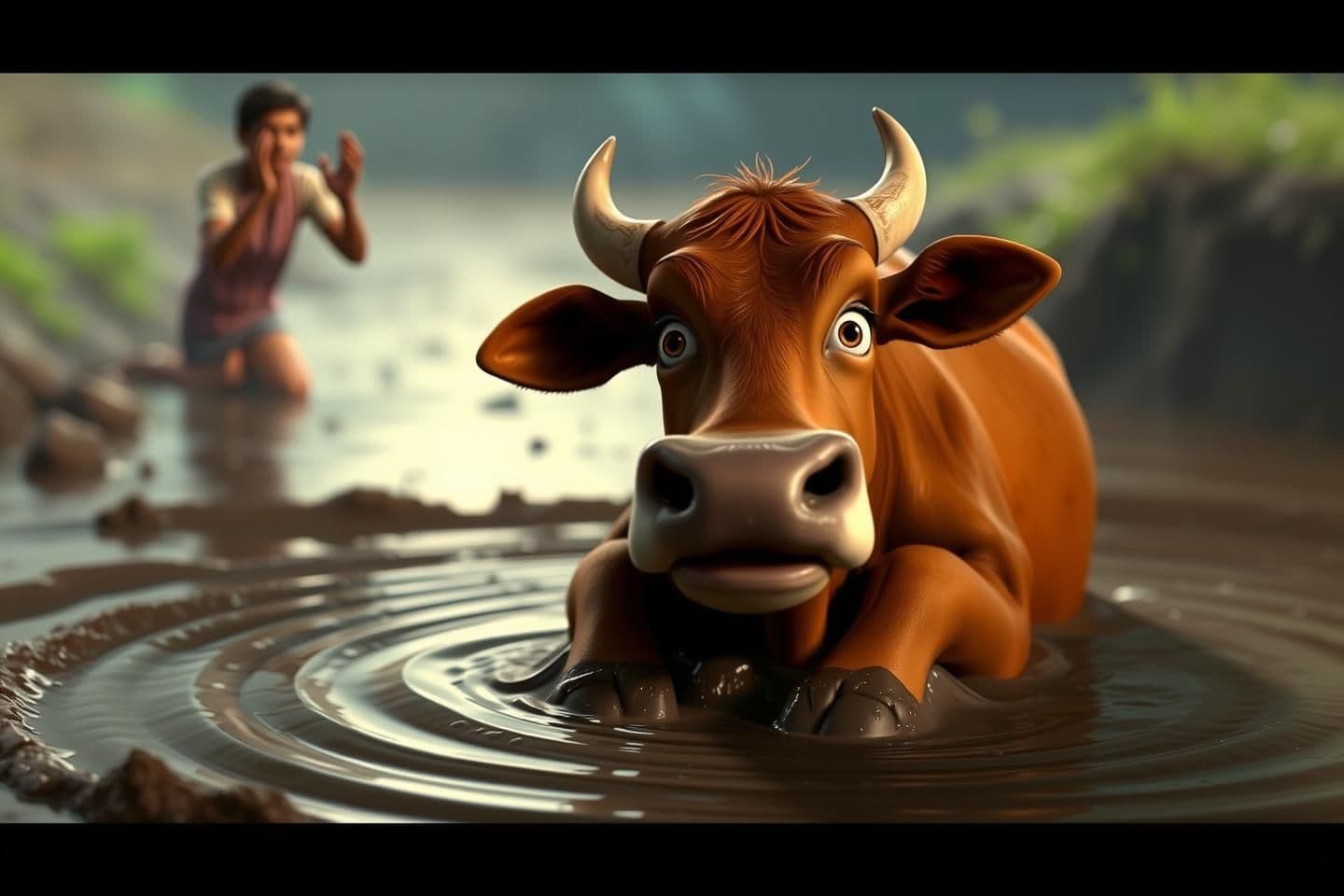 AI generated: 🎬 Scene 2 (2–5s): गाय कीचड़ में फँस जाती है
Image Prompt:
"Desi brown cow struggling in deep wet mud, legs sinking, eyes wide in fear. Mud collapsing inward, water ripples formin