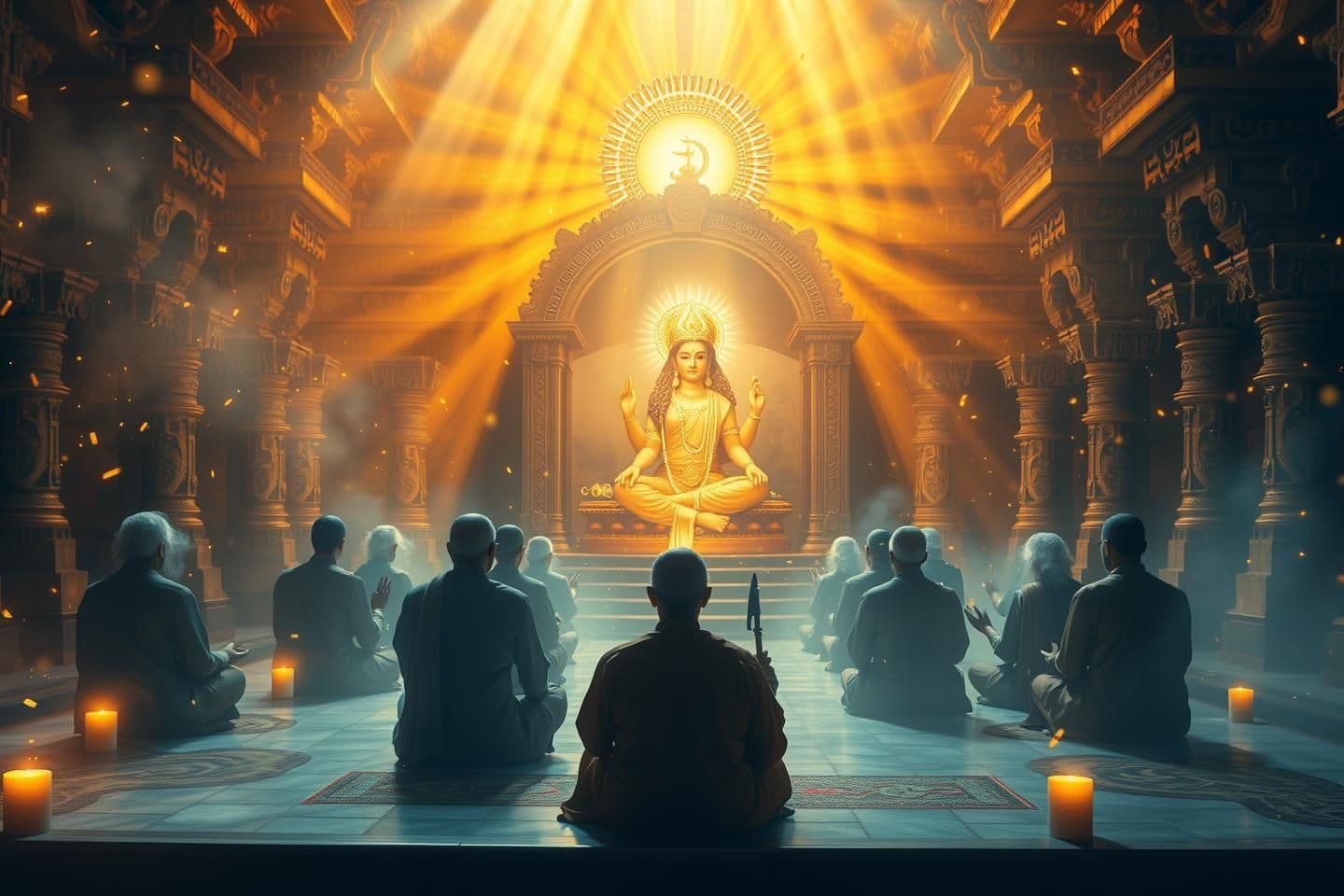 AI generated: A 16:9 divine and spiritual YouTube thumbnail showing a radiant temple scene filled with glowing Sanskrit symbols and golden energy waves. Ancient sages (Rishis) meditating in fron