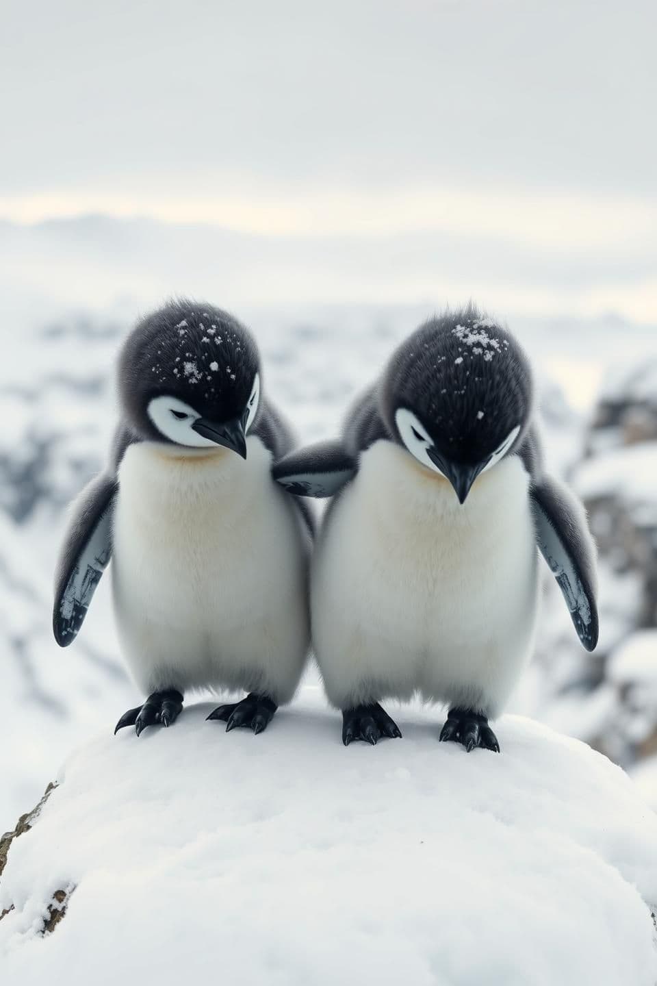 AI generated: Ultra-realistic mid-shot on a small snow-covered rock ledge overlooking a soft white snowy valley. Cold daylight, muted sky, gentle winter shadows. Two baby penguins stand on the