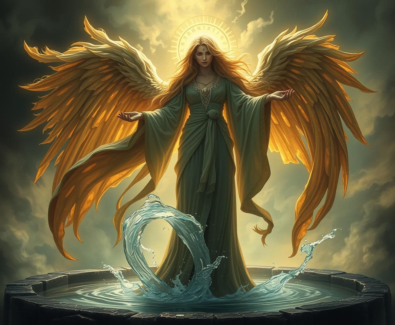 AI generated: the oracle standing tall, hair and robes flowing like celestial smoke, voices and illusions shattering around her like glass, water rising from the well forming a spiraling vortex