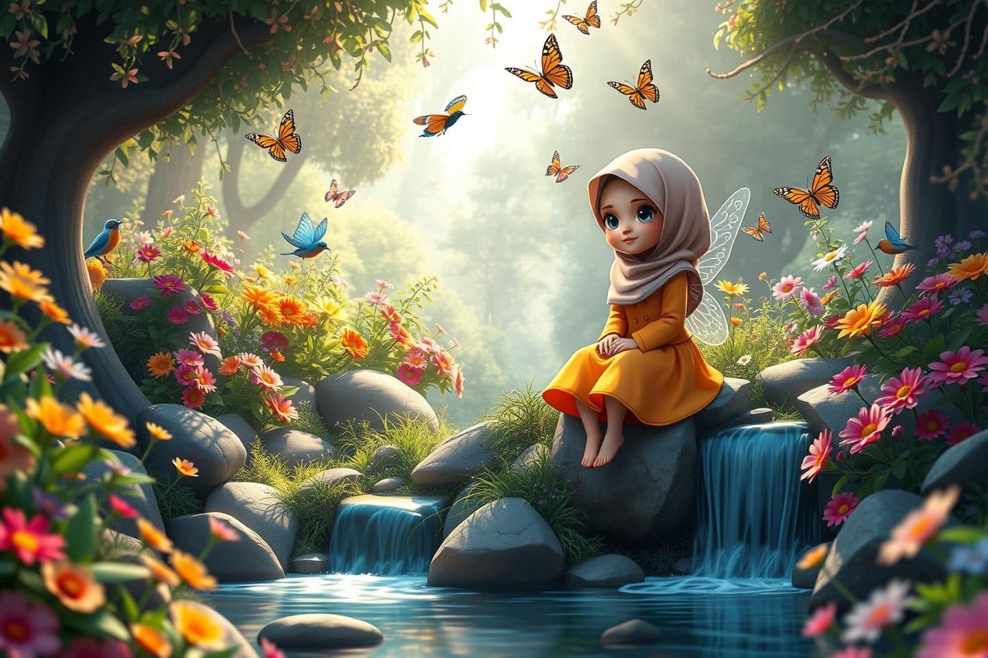 AI generated: A 5year-old small fairy girl sitting on stones near a small waterfall in a lush, colorful flower garden. She is wearing a bright, flowing dress with a hijab. Around her, vibrant bu