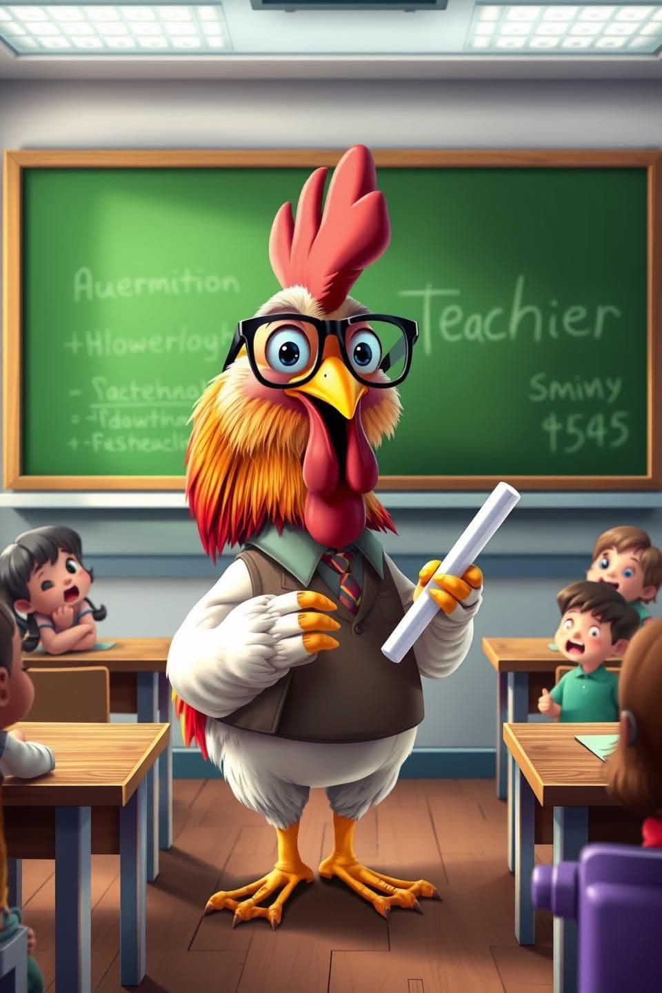 AI generated:
“a funny rooster wearing glasses and teacher clothes, standing in front of a blackboard, holding a chalk, inside a classroom, 8–10 kids sitting on benches looking shocked and laug