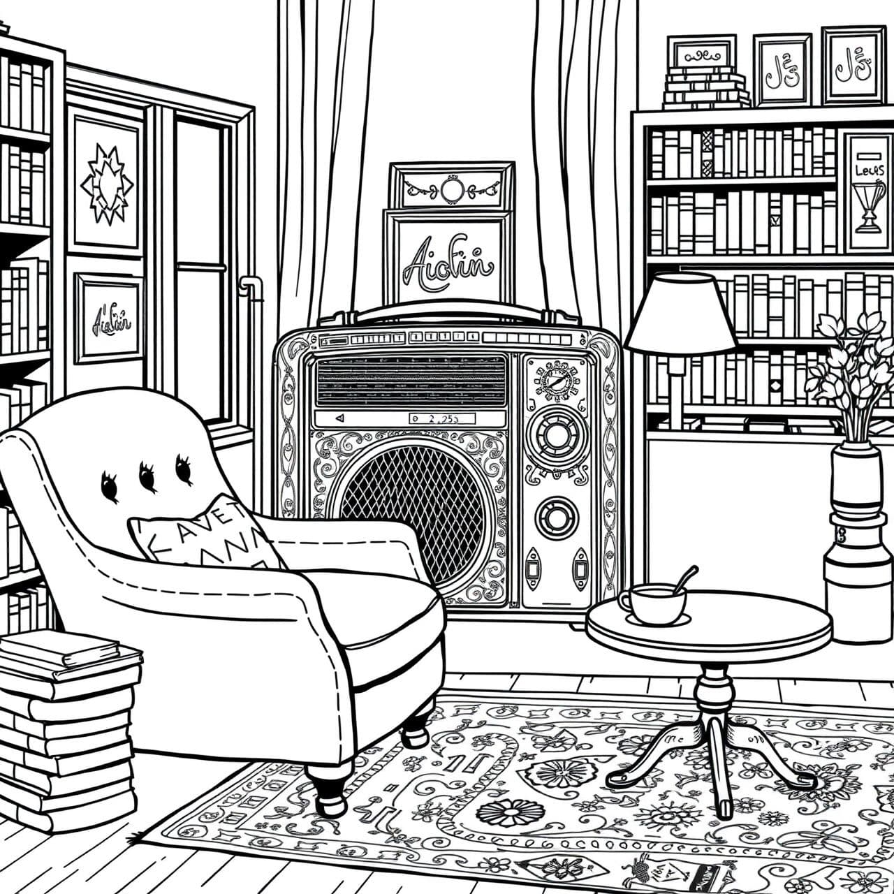 AI generated: Create a detailed black and white outline illustration of a vin set against a room background. The scene should include elements typical of a cozy living room, such as a comfortabl