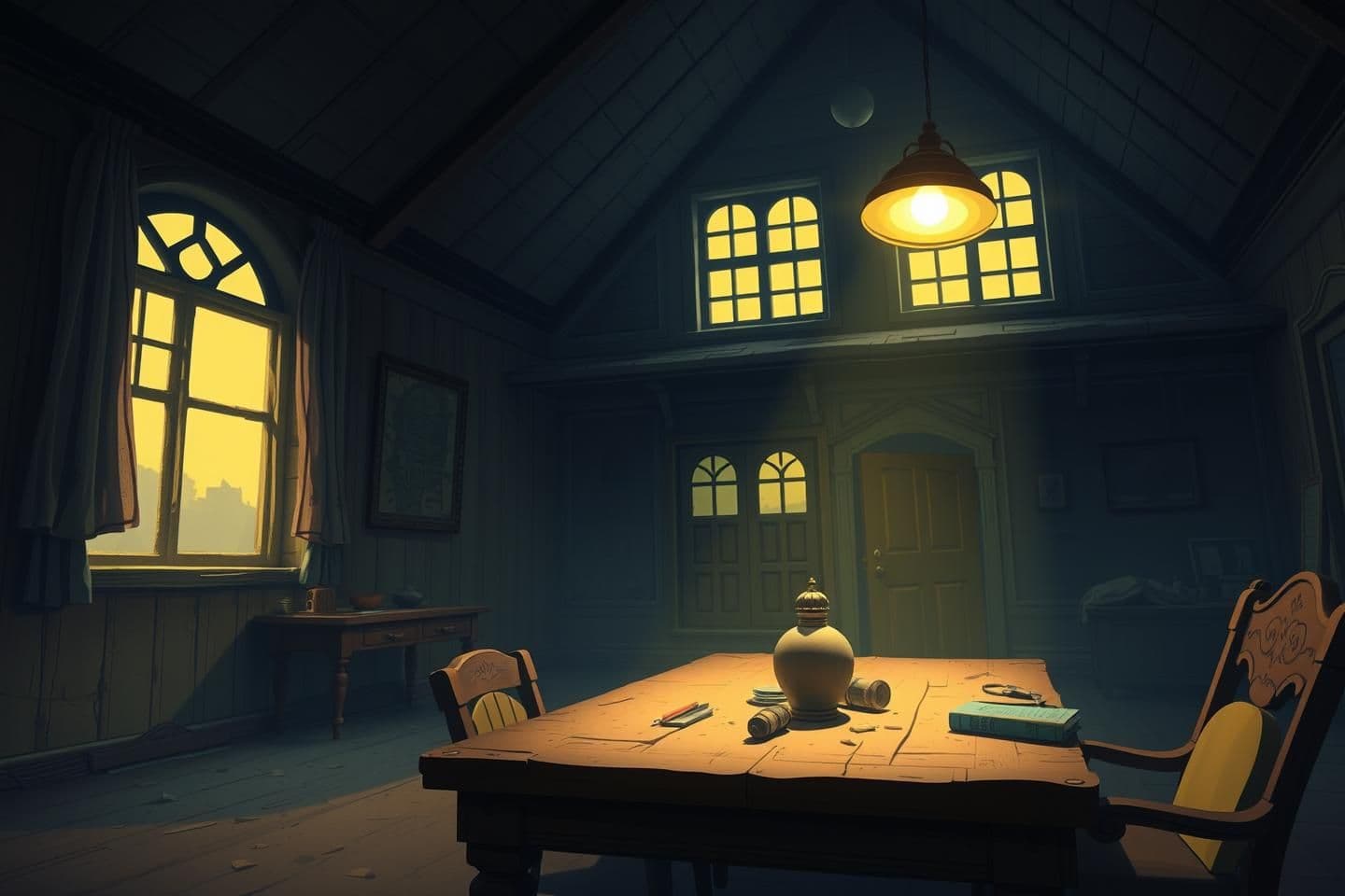 AI generated: IMPORTANT: Generate with all text in Hindi script only. Old and large house at night, dusty walls, old things on the table, yellow dim light, cold breeze coming through the windows
