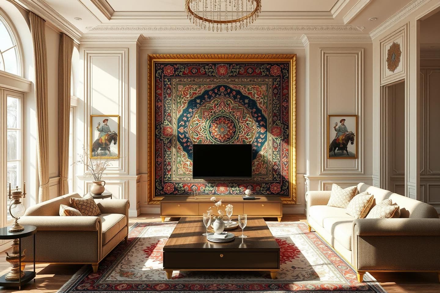AI generated: I want a clear picture of high quality ultra full HD Persian Carpet wall art image in a frame design with golden border and fit that image into the middle of ultra luxury drawing r