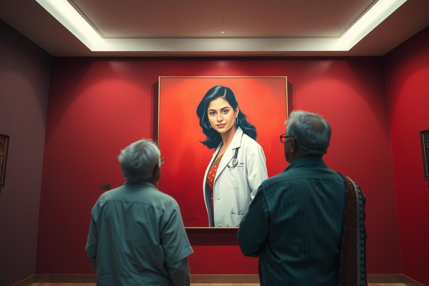 AI generated: A photorealistic, oil painting of a young, confident Indian woman, dressed in a white doctor's coat, hanging prominently on a large, deep red wall in a modern art museum. Two older