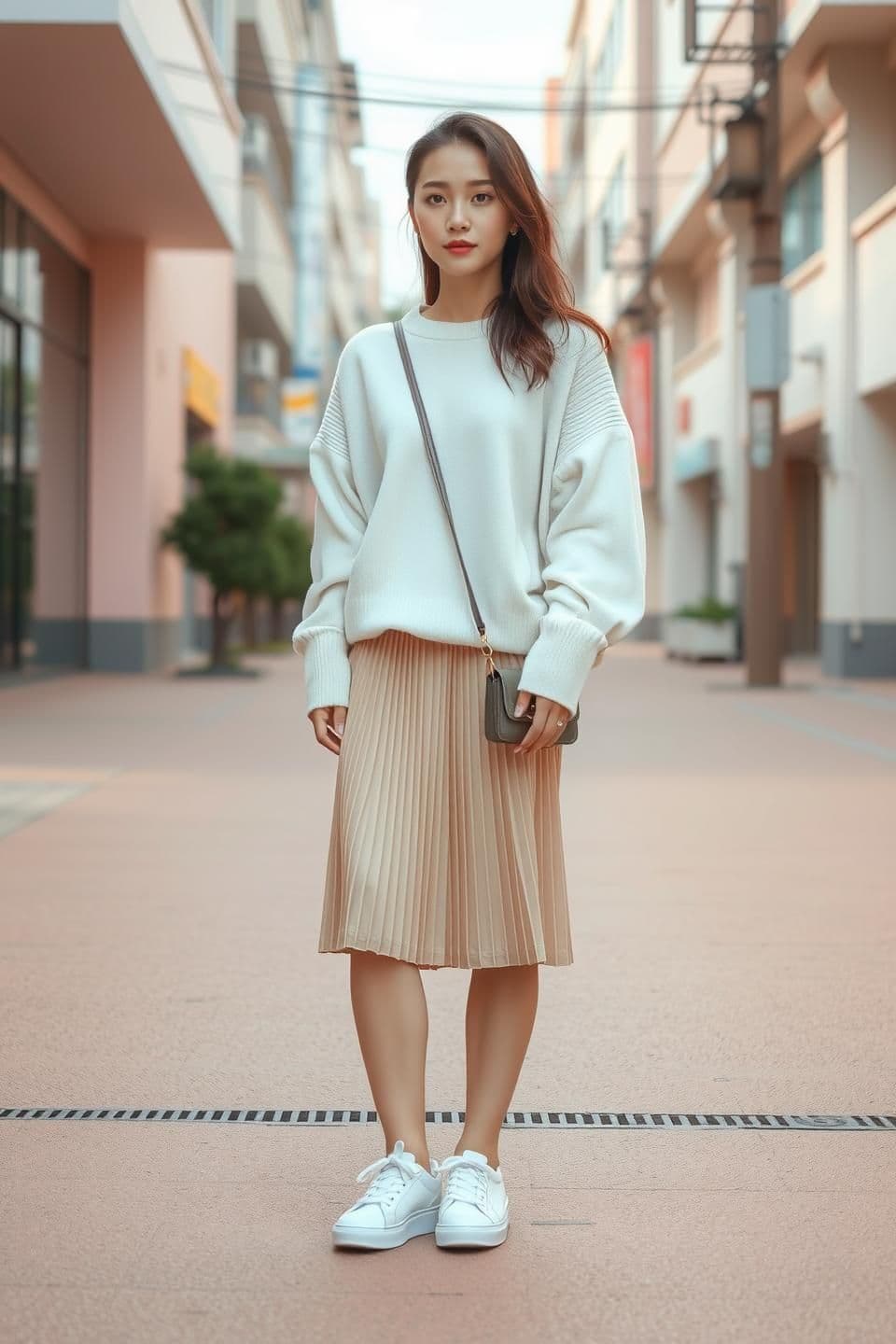 AI generated: “A Korean fashion girl standing in a soft pastel street background, slightly far away from the camera. Clean realistic style. Soft natural lighting, light pink & beige tones. Calm