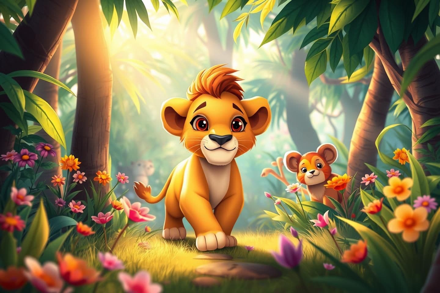 AI generated: 1. Leo in the Colorful Jungle
Prompt:
A small, cute young lion with bright curious eyes walking through a colorful jungle filled with tall green trees, vibrant flowers, and soft s