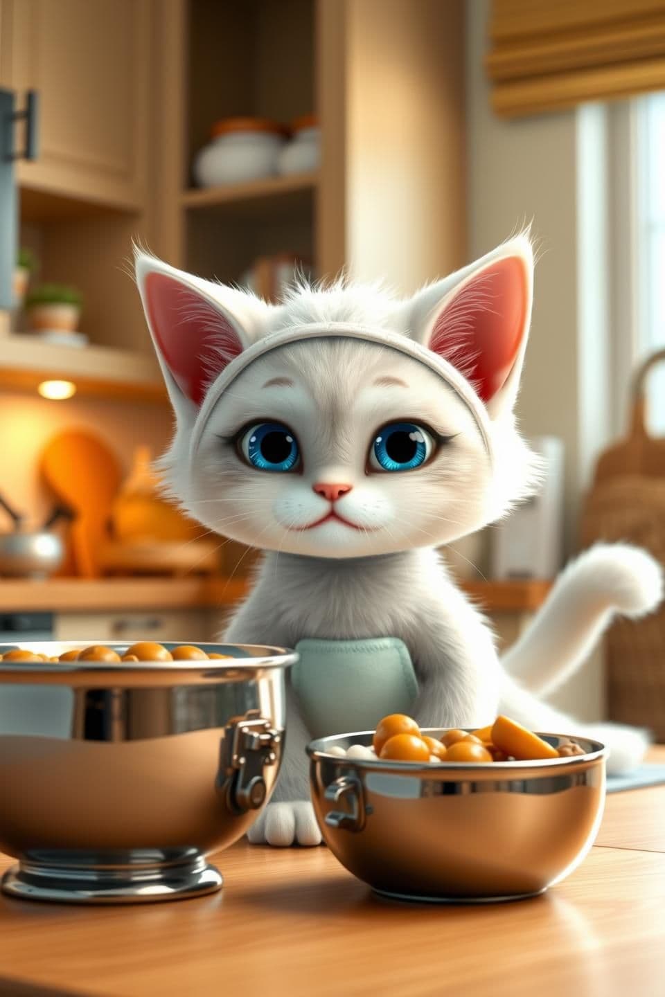 AI generated: Vertical 9:16. A cute, detailed anthropomorphic small white cat with intense blue eyes wearing a pamper stands in a cozy modern kitchen. The cat is staring dramatically at a shiny