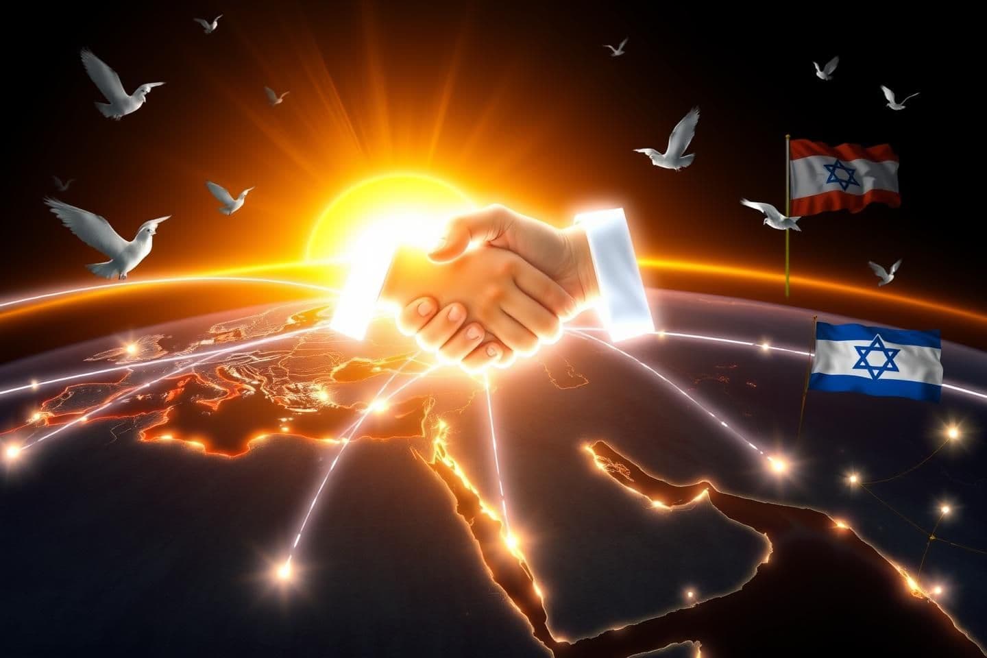 AI generated: “A dramatic geopolitical illustration showing Middle East countries connected by glowing diplomatic lines, highlighting Saudi Arabia, Israel, and the United States. A symbolic hand