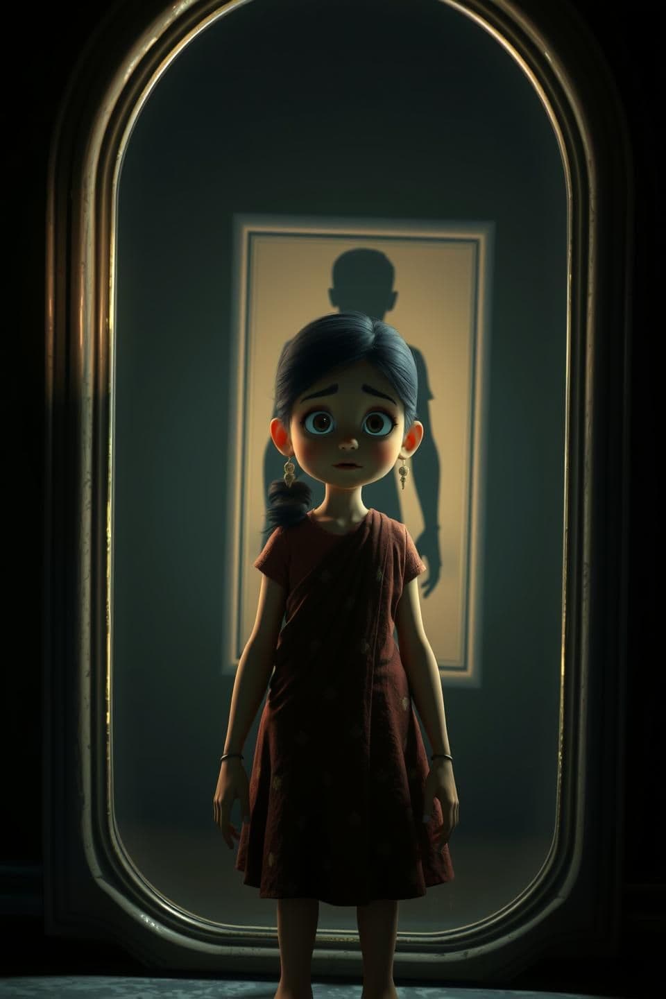 AI generated: A young Indian girl standing in front of a mirror in dim torchlight, her reflection showing a dark shadow figure standing behind her, eerie glow from mirror, horror cinematic light