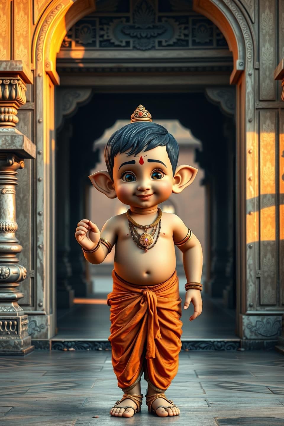 AI generated: 9:16 vertical realistic image of a young Indian boy representing Lord Ganesha in his childhood form, without elephant head. The boy has soft, round childlike features with dusky sk