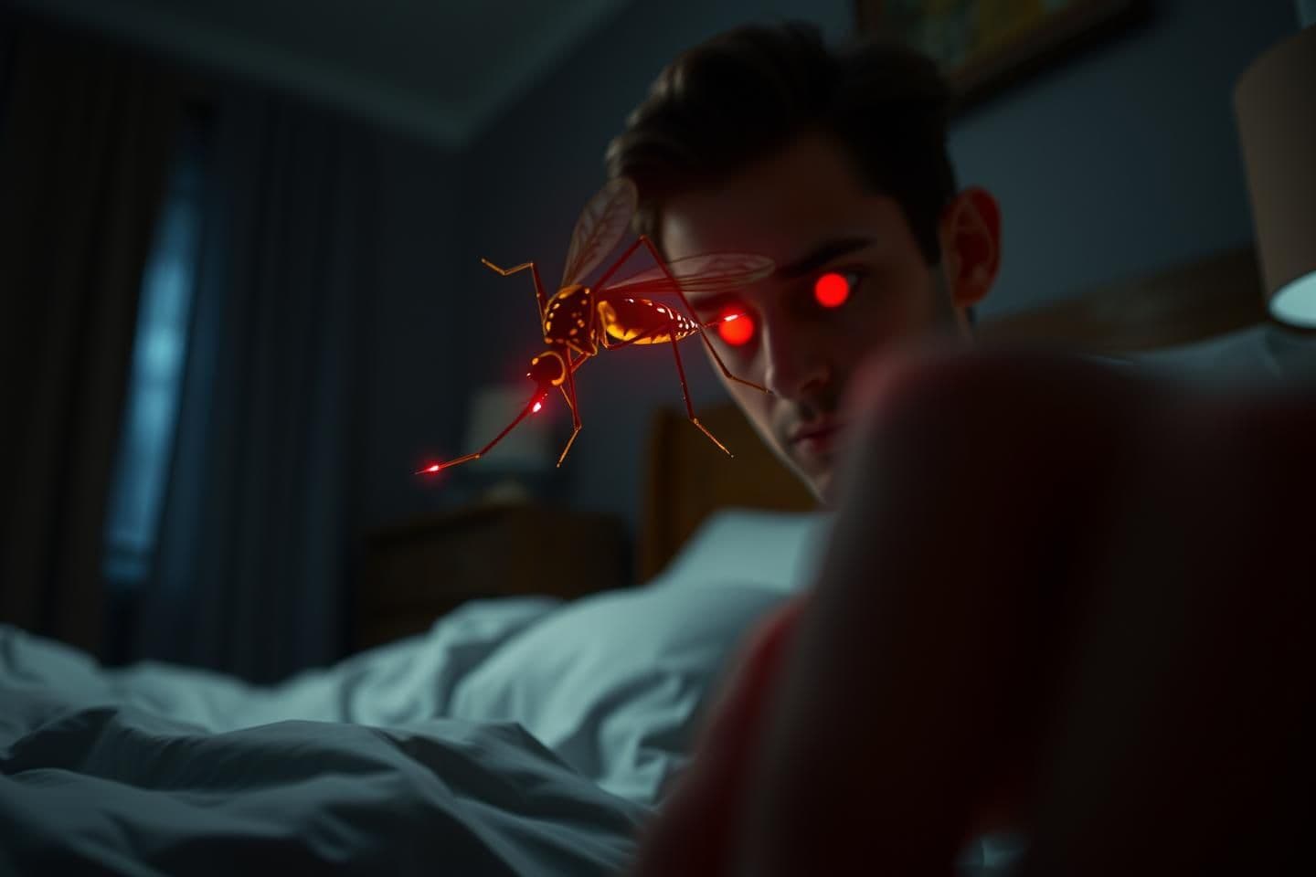 AI generated: Close-up of a mosquito mid-air, exaggerated motion A realistic bedroom at night, dim lighting. A handsome person sits up in bed, annoyed, with a mosquito glowing faintly red near t