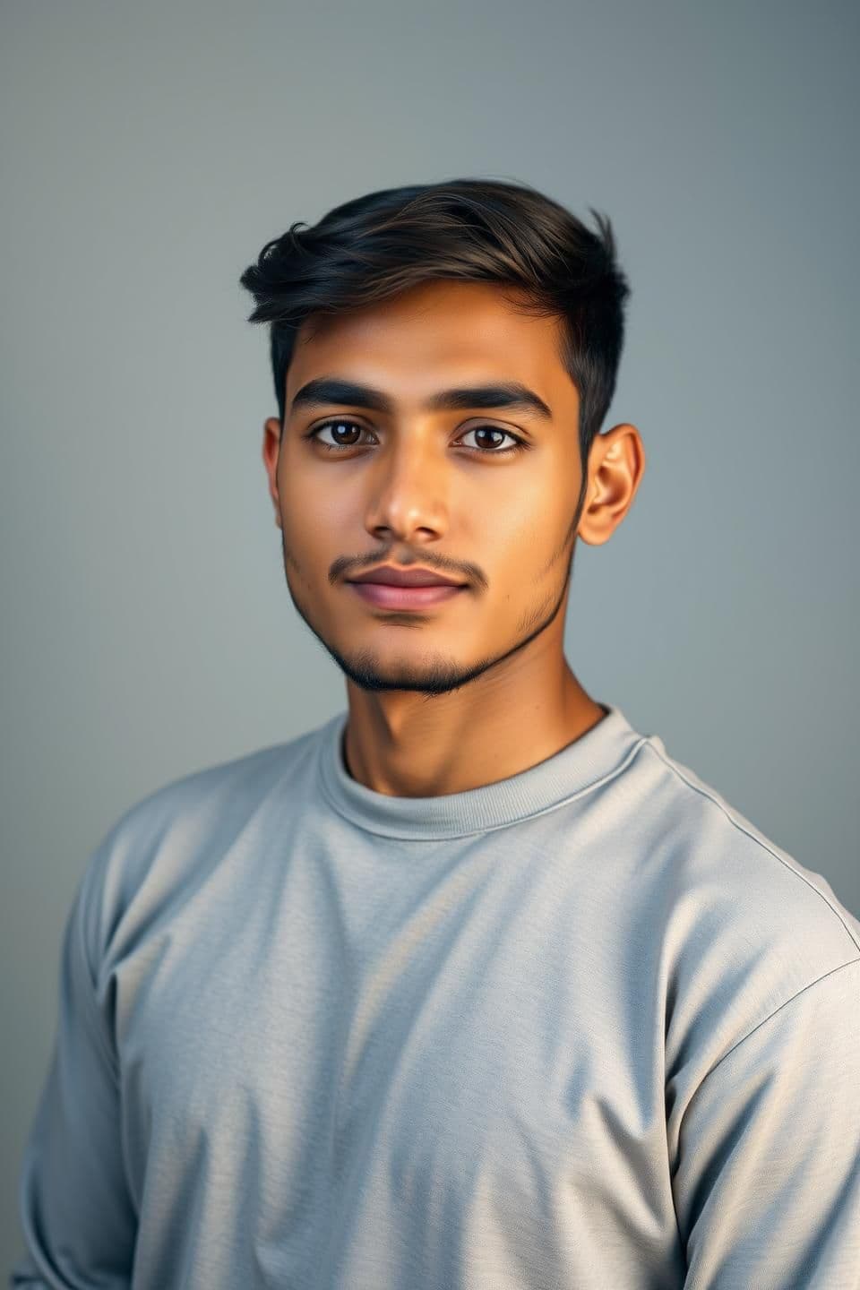 AI generated: “A high-resolution studio-style portrait of a 21-year-old man looking forward. Clean, soft studio lighting, sharp details, and natural skin texture. In the background, create a smo