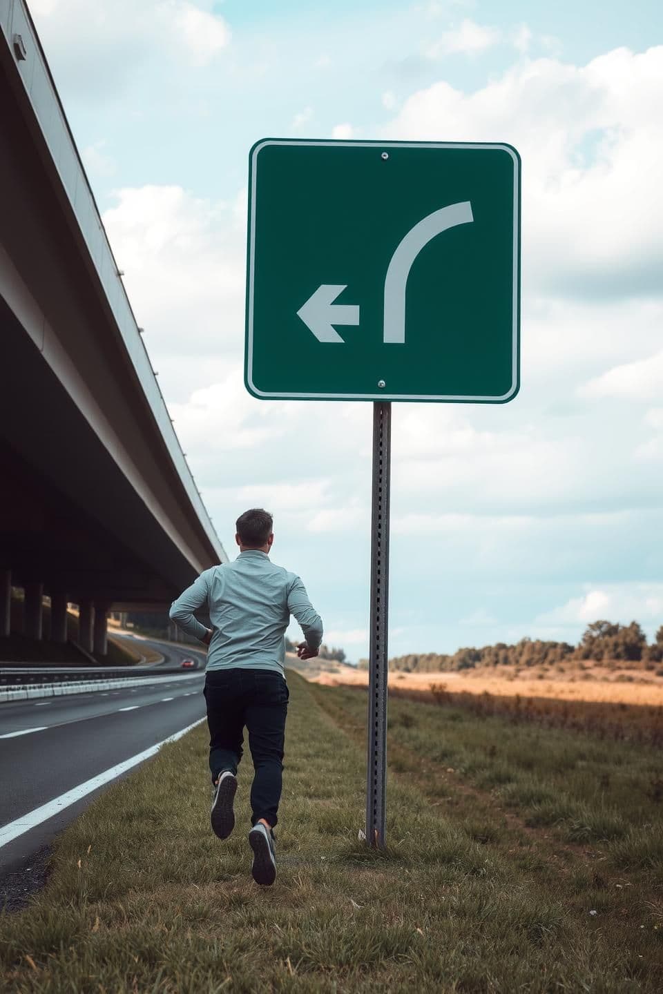 AI generated: i want a image where man is running towands right side on the left side there is highway with sky and greenary as background i want green sign board in front of man man man should