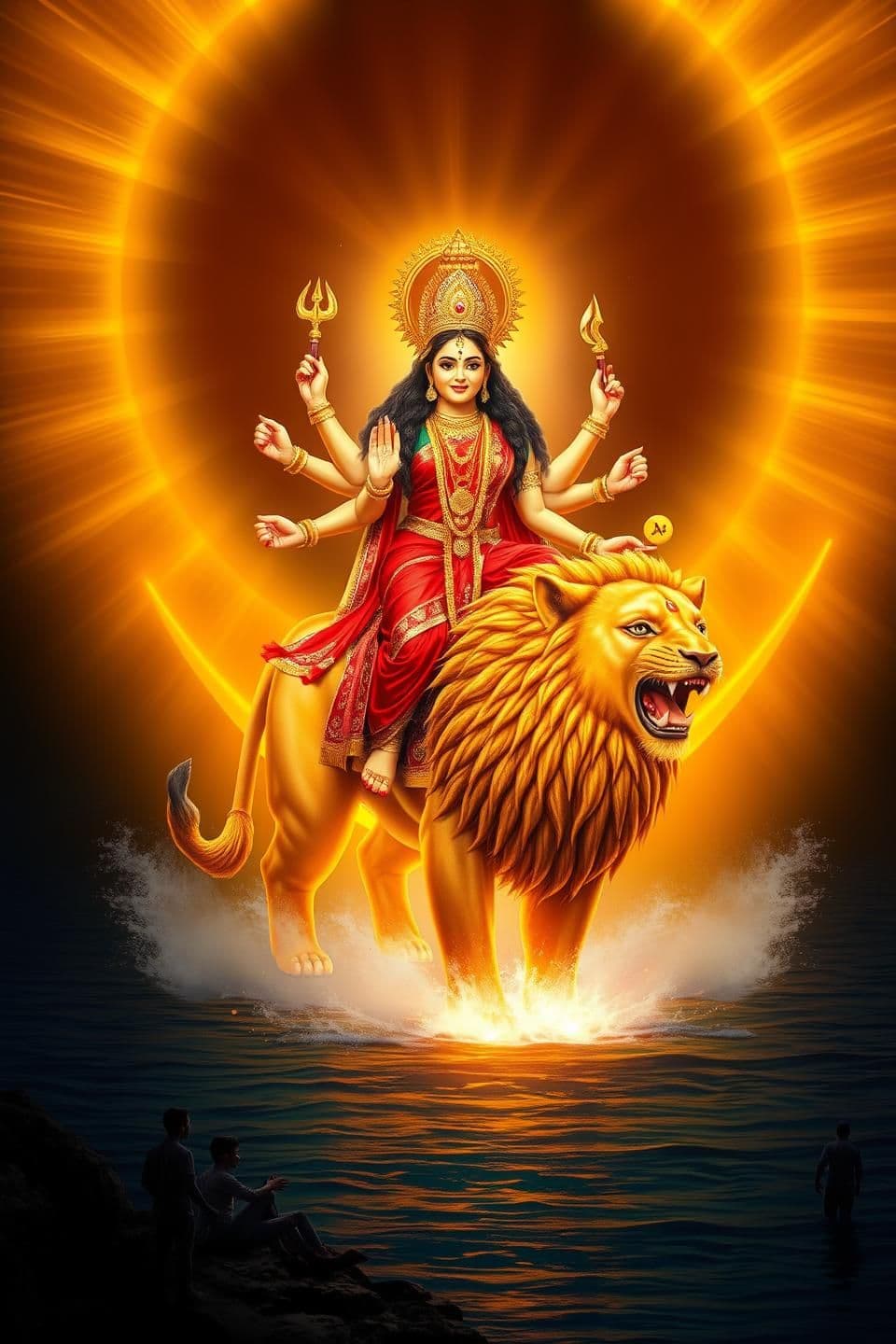 AI generated: Maa Durga emerges from the golden divine light, riding a majestic glowing lion. She wears a red saree with a golden border, eight radiant arms holding a trishul, chakra, sword, and