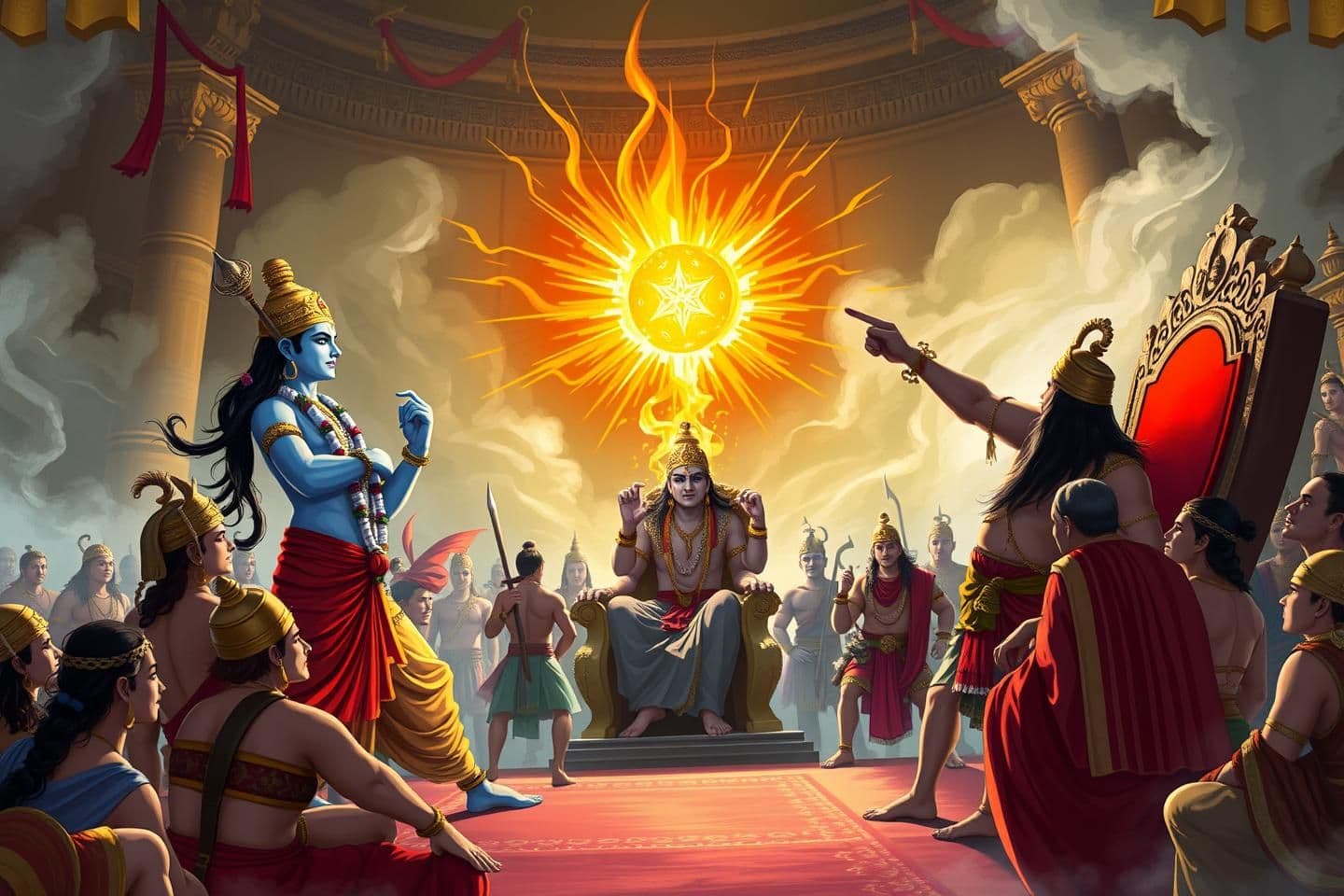 AI generated: IMPORTANT: Generate with all text in KN script only.
Prompt:
"Picture a scene of a heated and angry argument between Lord Krishna and Duryodhana in the royal assembly of Hastinap