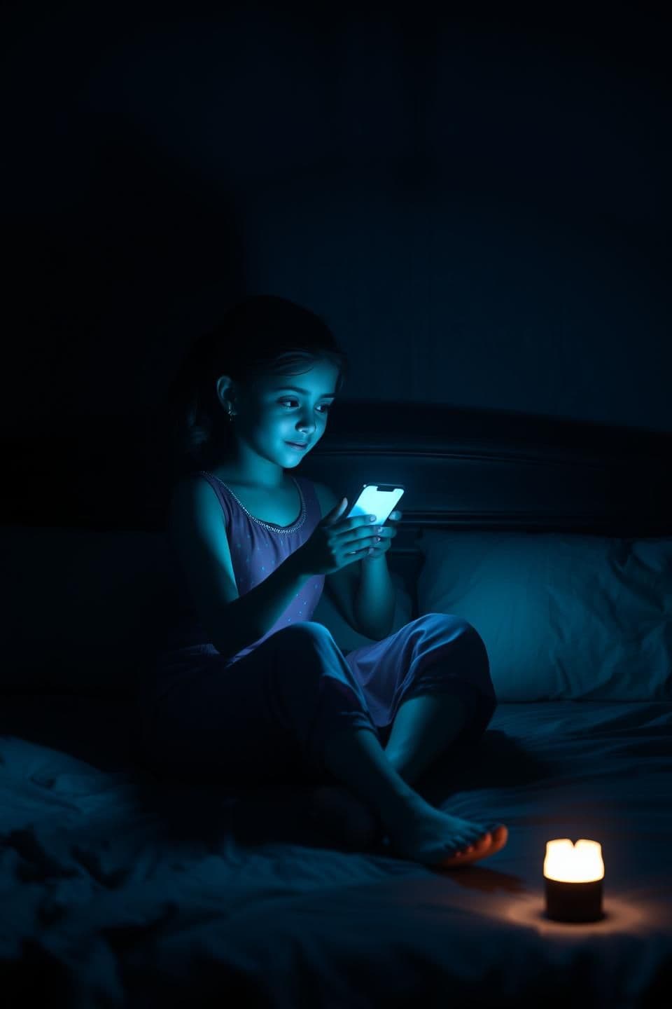AI generated: A dark bedroom lit only by a phone screen, a young Indian girl sitting on bed scrolling her phone at midnight, sudden power cut makes everything dark, only a small torch light glow