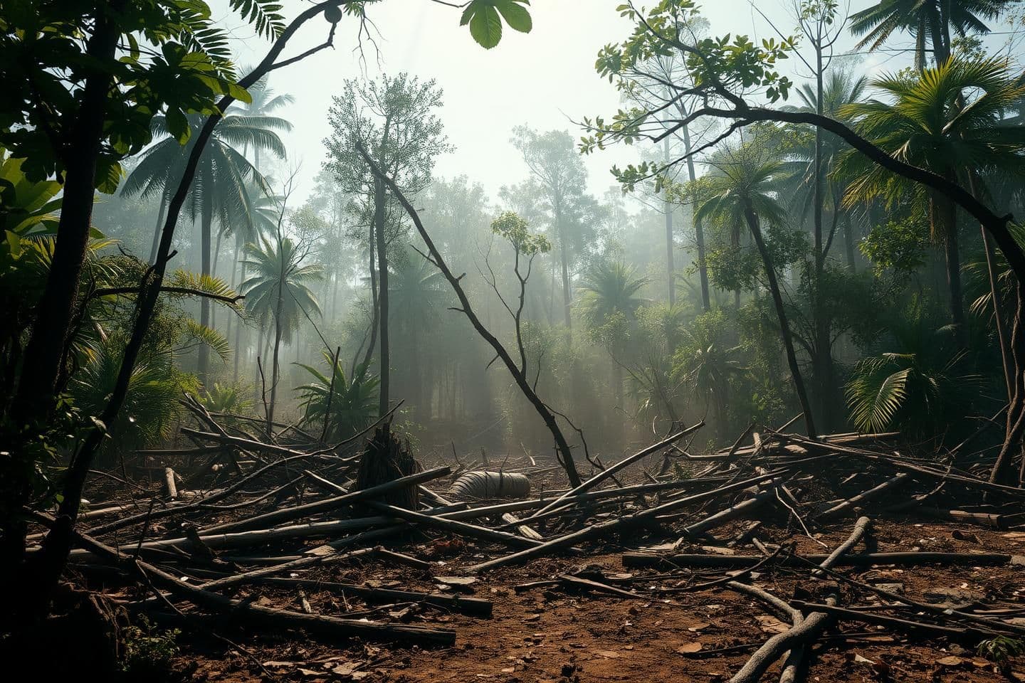 AI generated: A chaotic and destroyed jungle during the day, with no people in the scene. The forest is in ruins: broken trees, fallen branches, scattered debris, and dust floating in the air. S