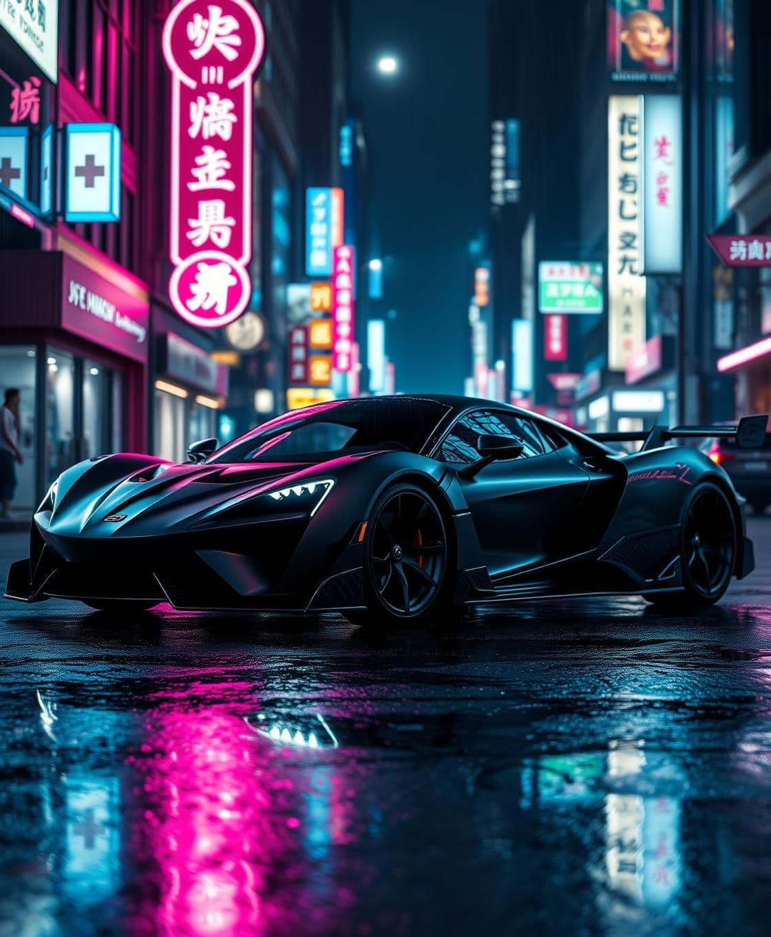 AI generated: A matte black hypercar, parked on the wet asphalt of a futuristic cyberpunk city street at night, reflections of neon signs shimmering on its body, cinematic atmospheric lighting,