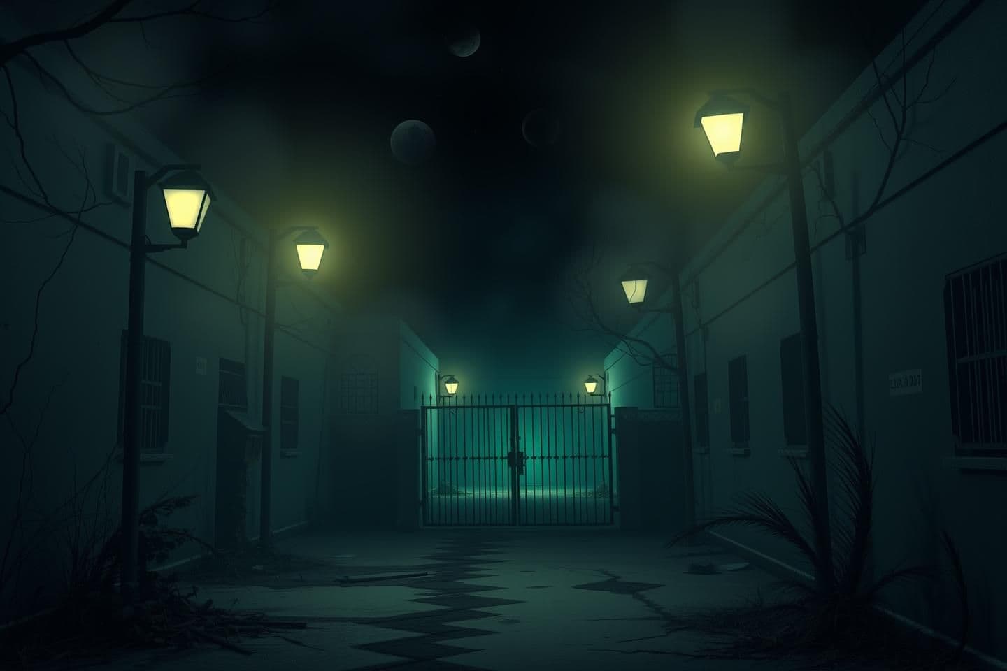 AI generated: IMPORTANT: Generate with all text in Hindi script only. Old girls hostel at night, broken streetlights, fog spreading, darkness near the gate, creepy atmosphere, no people, 16:9 ci