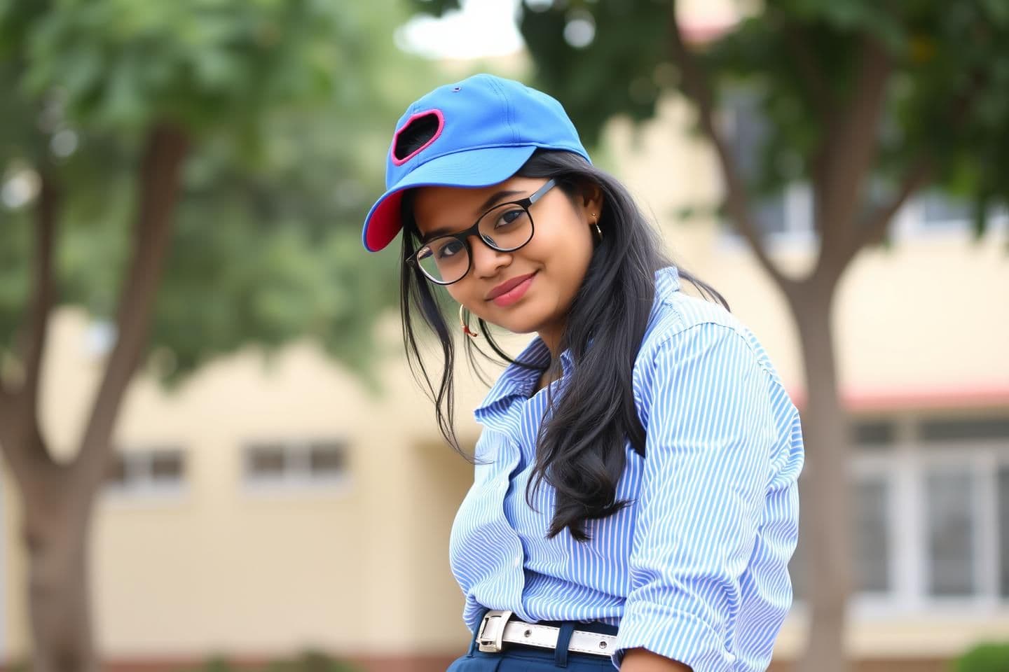 AI generated: A young woman, likely in her early twenties, of Indian descent, is positioned slightly off-center in the frame, facing the viewer with a subtle smile. She wears a blue and red base