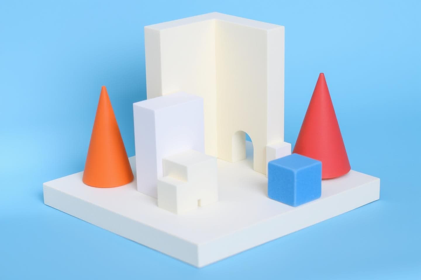 AI generated: The task is to build space, not objects. Using floral foam bricks, you will compose a spatial module using any three combinations from the following: 03 cubes (50×50×50 mm), 0