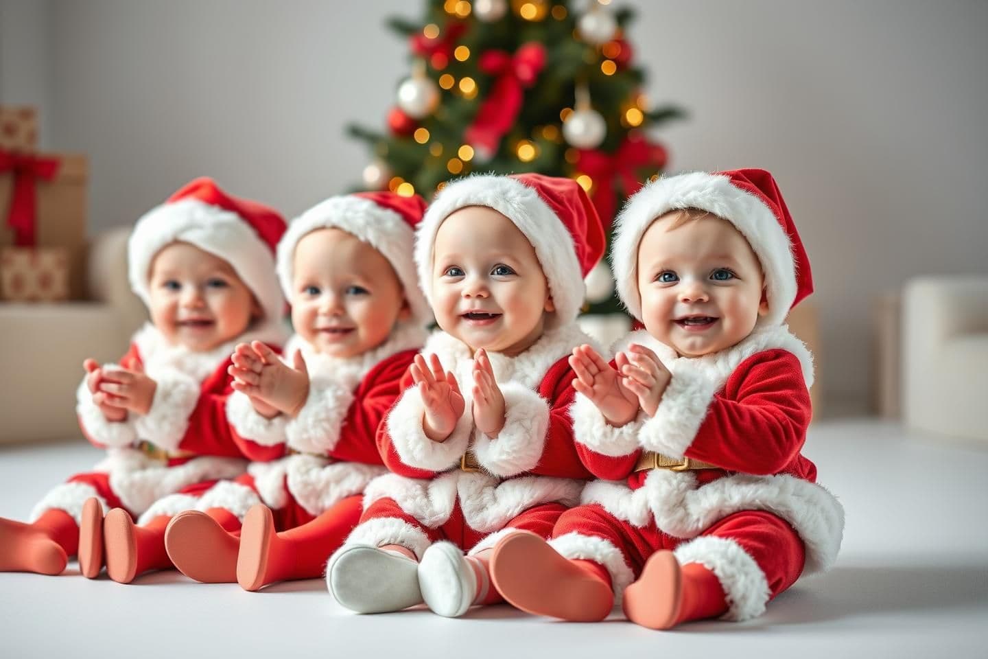 AI generated: 5 super cute realistic toddlers 3 months old white in color, wearing santa costumes, sitting together in a horizontal row facing the camera, clapping hands, big happy smiles, brigh