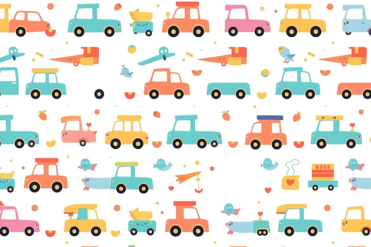 AI generated: “Colorful kawaii vehicles pattern for back cover, repeating cute cars, trucks, airplanes, trains, boats with smiling faces, soft pastel background, playful fun design, clean empty