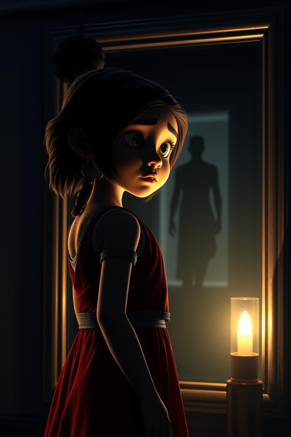 AI generated: A young Indian girl standing in front of a mirror in dim torchlight, her reflection showing a dark shadow figure standing behind her, eerie glow from mirror, horror cinematic light