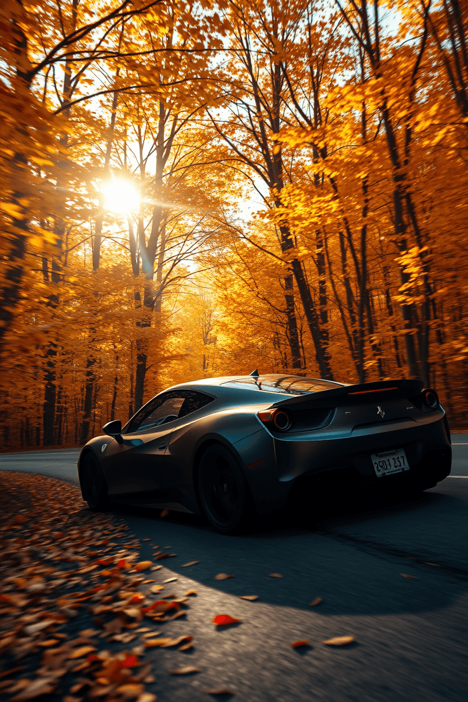 AI generated: A matte black sports car tears through a dense autumn forest, leaves exploding into the air behind it in a vibrant storm of gold, orange, and red. The camera chases tightly from ju