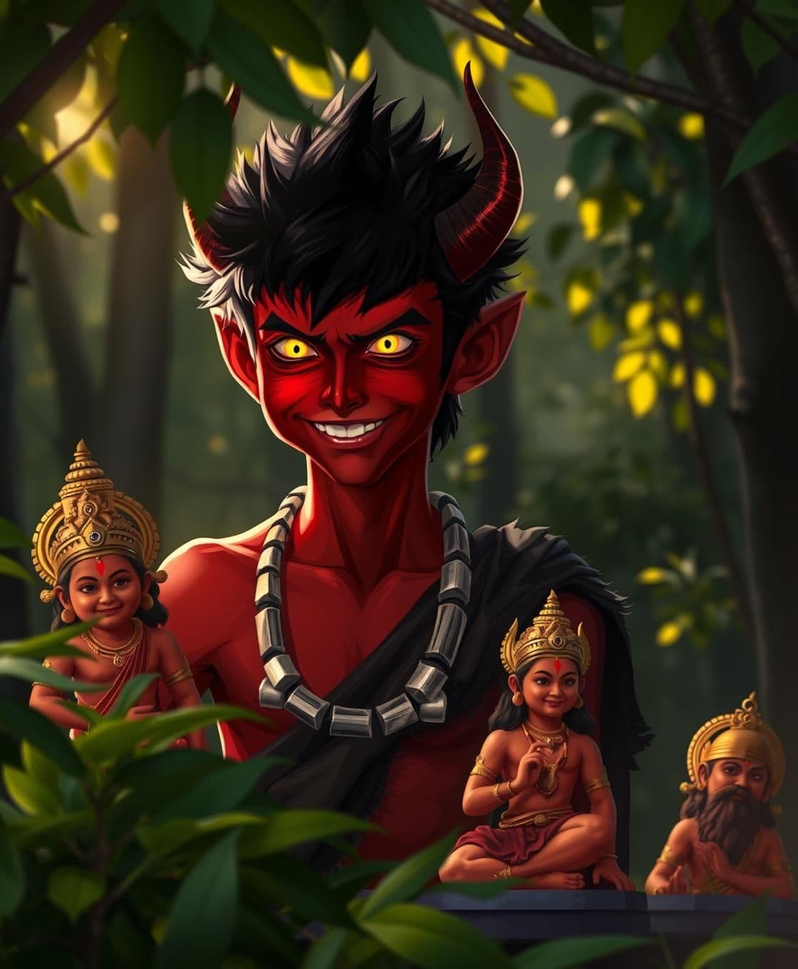 AI generated: A 13-year-old demon boy, height 3.5 feet, lean muscular body, dark reddish-brown skin, black spiky hair, glowing yellow eyes, sharp teeth slightly visible. He wears torn dark cloth