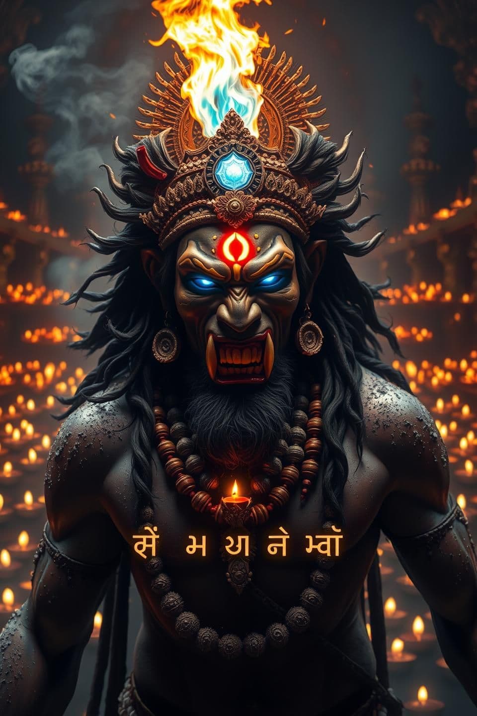 AI generated: Ultra-realistic angry Rudra Hanuman in Mahakal form.
Black smoke behind him, trinetra (third eye) opening with fiery blue flame.
Body covered with sacred ash, Vibhuti, and glowin
