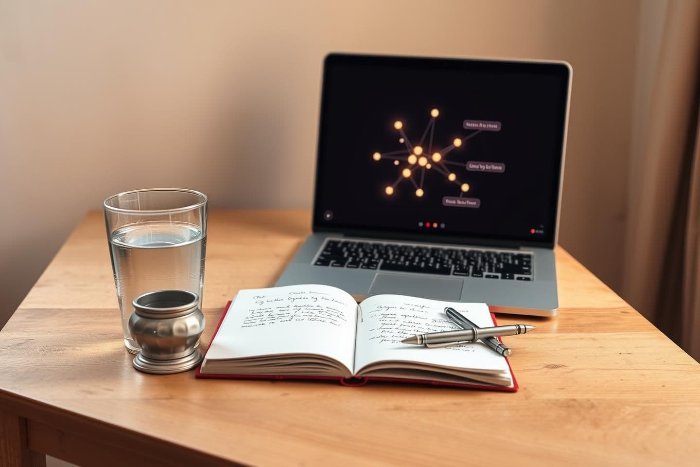 AI generated: Minimalist Indian middle-class home workspace, warm soft lighting. A slightly worn wooden desk with a silver vessel glass of water, an open notebook with quick handwritten notes fr