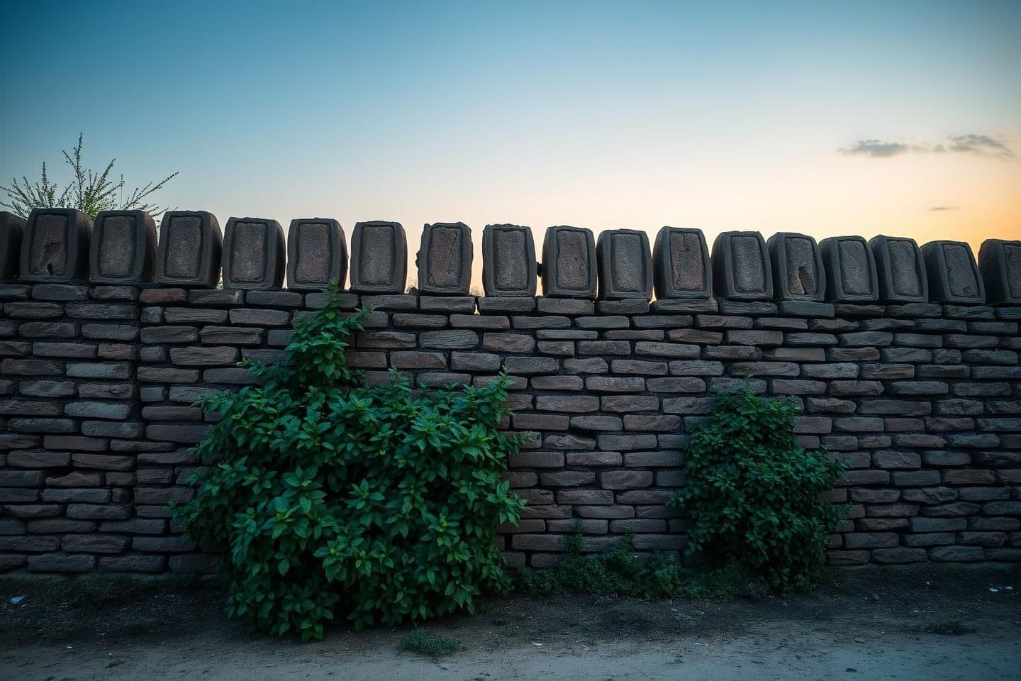 AI generated: create a front view image of olden days period traditional rock brick straight fencing wall with dark evening effect in which the walls had a large cracks and broken at some place