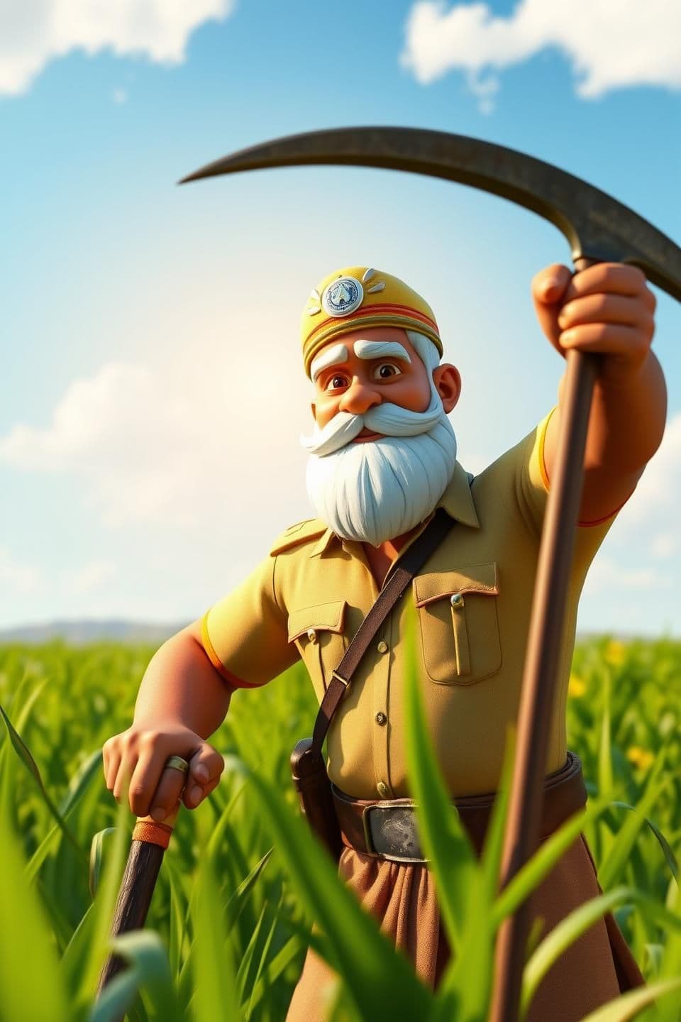 AI generated: Prompt:
A strong, muscular Indian farmer named Kisan Singham working in a lush green field under a clear blue sky with few clouds. He wears a traditional “Singham-style” police-in