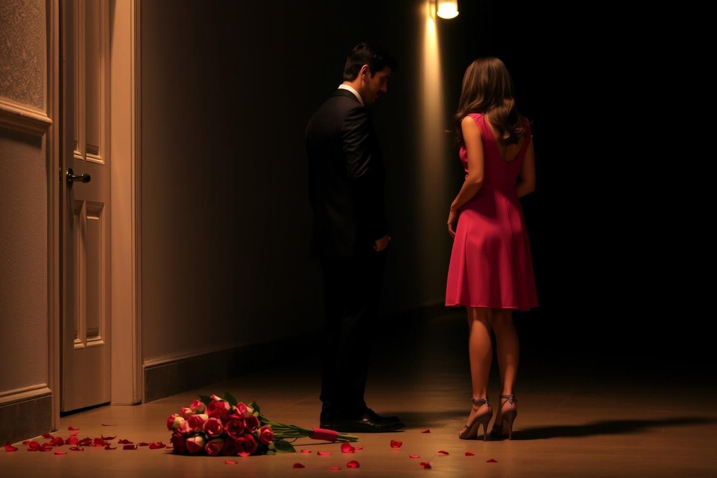 AI generated: Scene ( the girl is leaving and man is standing roses bouquet on the floor)
Emotion (heartbroken )
Dress code (man is wearing black suit and girl is wearing a pink dress)
Weather