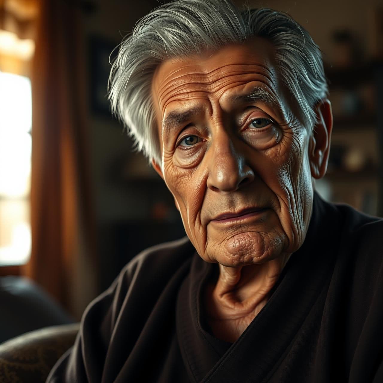 AI generated: A realistic cinematic portrait of an elderly USA grandmother sitting inside a cozy home, facing the camera with a gentle and wise expression. The background shows a warmly lit livi