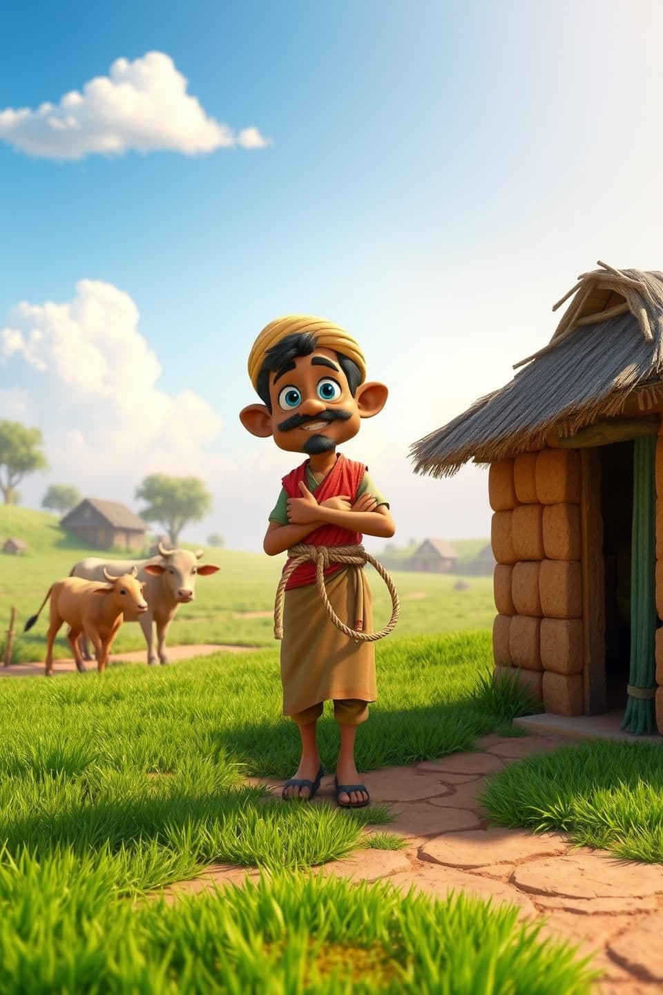AI generated: Prompt:
A poor Indian farmer standing outside his small clay house in a peaceful village, holding a rope tied to his brown cow. Green fields and small huts around, clear blue sky w